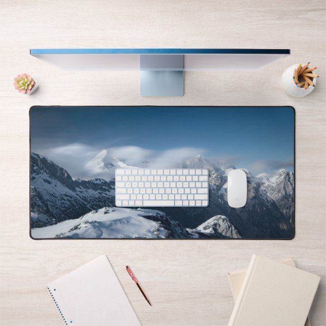 Clouds rolling above snowy mountains desk mat (Office 1)