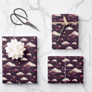 Clouds & Stars on Dark Purple Wrapping Paper Sheet