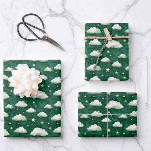 Clouds & Stars on Emerald Green Wrapping Paper Sheet