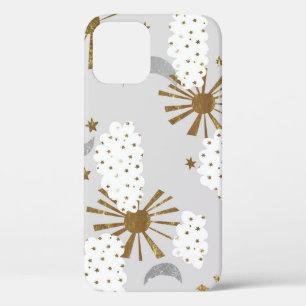Clouds, sun, and moon, minimalistic pattern. iPhone 12 case