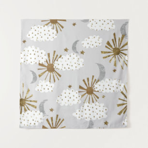 Clouds, sun, and moon, minimalistic pattern. tapestry
