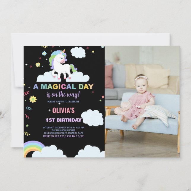 Clouds Unicorn Birthday Invitations with photo (Front)