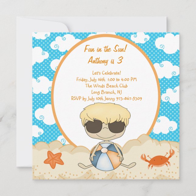 Cloudy Beach Boy in the Sand Birthday Invitation (Front)