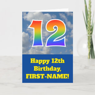 Cloudy Blue Sky, Rainbow Pattern "12" Birthday # Card