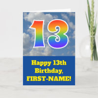 Cloudy Blue Sky, Rainbow Pattern "13" Birthday #