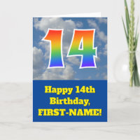 Cloudy Blue Sky, Rainbow Pattern "14" Birthday #