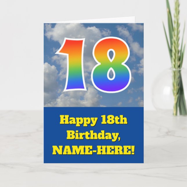 Cloudy Blue Sky, Rainbow Pattern "18" Birthday # Card (Front)