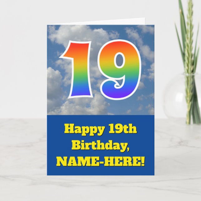 Cloudy Blue Sky, Rainbow Pattern "19" Birthday # Card (Front)