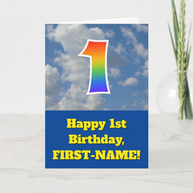 Cloudy Blue Sky, Rainbow Pattern "1" Birthday # Card (Front)