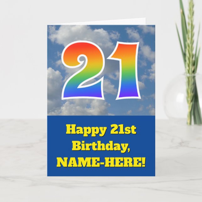 Cloudy Blue Sky, Rainbow Pattern "21" Birthday # Card (Front)