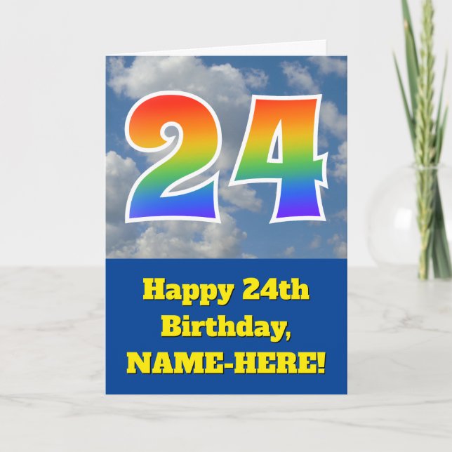 Cloudy Blue Sky, Rainbow Pattern "24" Birthday # Card (Front)