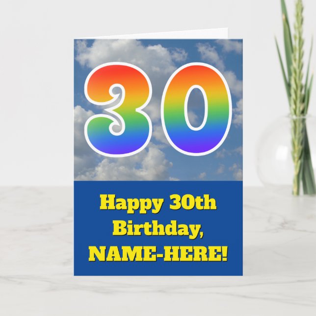 Cloudy Blue Sky, Rainbow Pattern "30" Birthday # Card (Front)