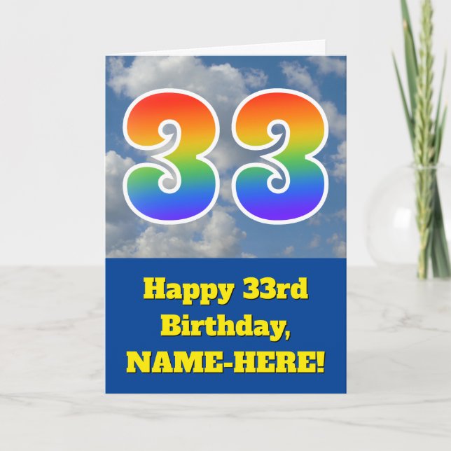 Cloudy Blue Sky, Rainbow Pattern "33" Birthday # Card (Front)