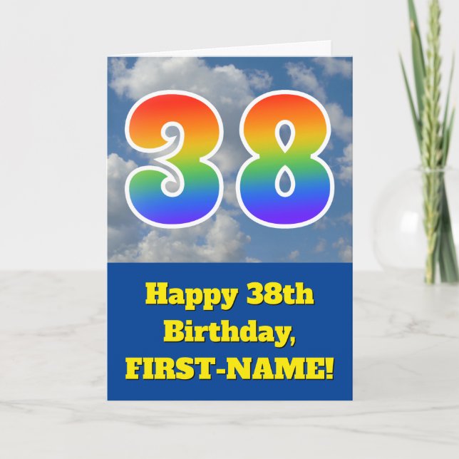 Cloudy Blue Sky, Rainbow Pattern "38" Birthday # Card (Front)