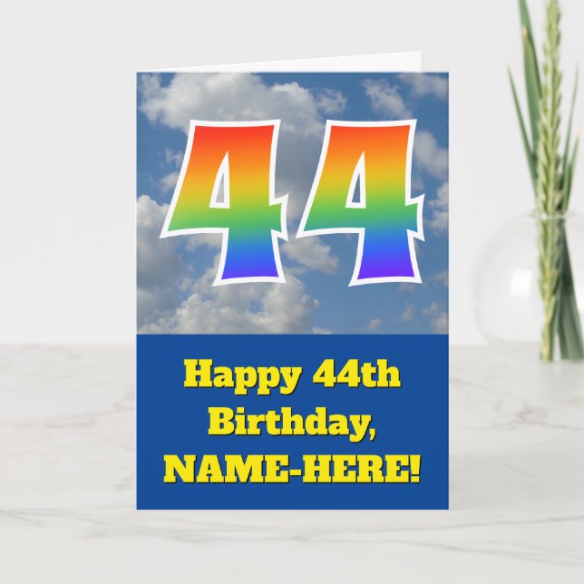 Cloudy Blue Sky, Rainbow Pattern "44" Birthday # Card (Front)