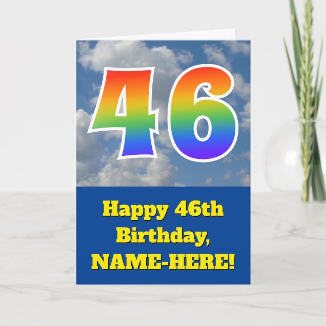 Cloudy Blue Sky, Rainbow Pattern "46" Birthday # Card (Front)