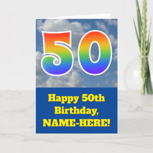 Cloudy Blue Sky, Rainbow Pattern "50" Birthday # Card