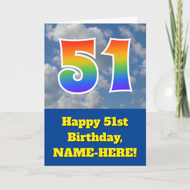 Cloudy Blue Sky, Rainbow Pattern "51" Birthday # Card (Front)
