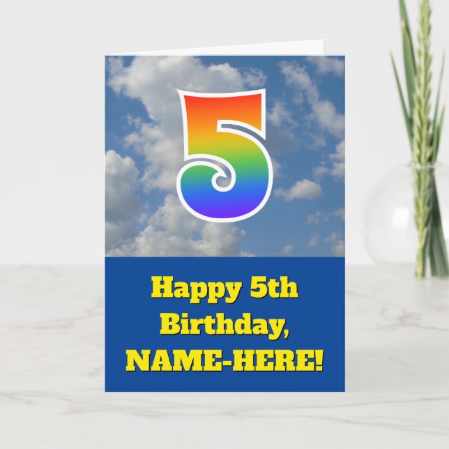Cloudy Blue Sky, Rainbow Pattern "5" Birthday # Card (Front)