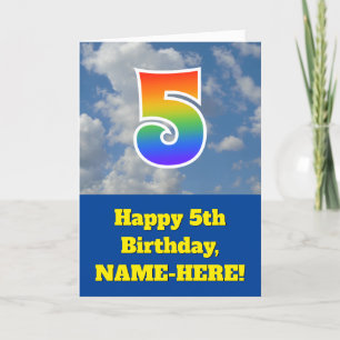 Cloudy Blue Sky, Rainbow Pattern "5" Birthday # Card
