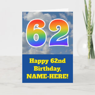 Cloudy Blue Sky, Rainbow Pattern "62" Birthday # Card