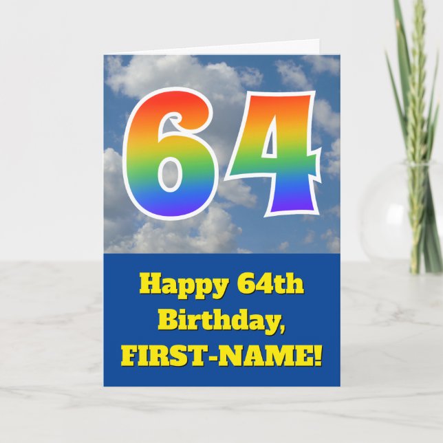 Cloudy Blue Sky, Rainbow Pattern "64" Birthday # Card (Front)