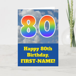 Cloudy Blue Sky, Rainbow Pattern "80" Birthday # Card