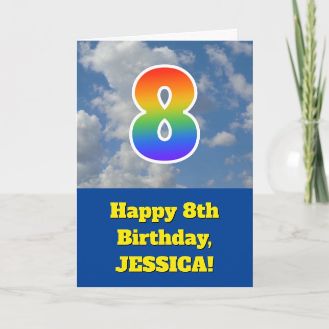 Cloudy Blue Sky, Rainbow Pattern "8" Birthday # Card (Front)