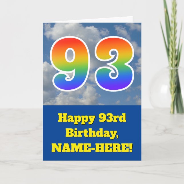Cloudy Blue Sky, Rainbow Pattern "93" Birthday # Card (Front)