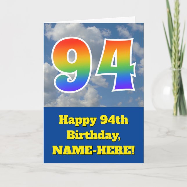 Cloudy Blue Sky, Rainbow Pattern "94" Birthday # Card (Front)