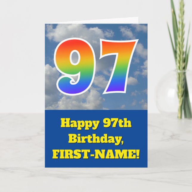 Cloudy Blue Sky, Rainbow Pattern "97" Birthday # Card (Front)