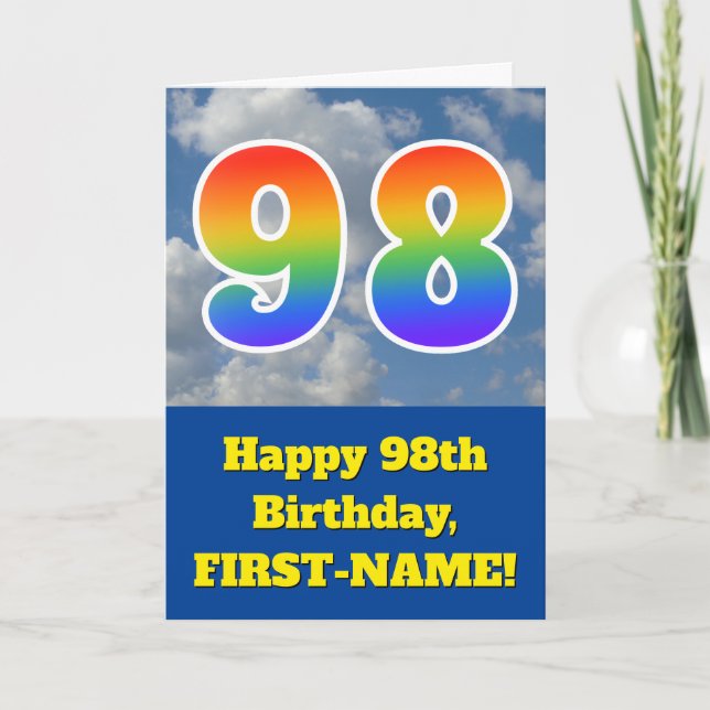 Cloudy Blue Sky, Rainbow Pattern "98" Birthday # Card (Front)