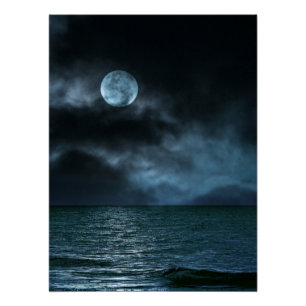 Cloudy Moon Shore at Night Poster