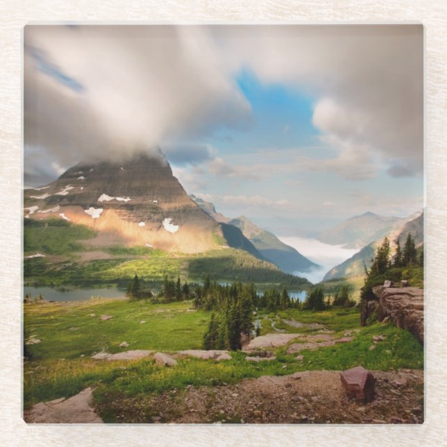 Cloudy Mountains | Alpine Lake Glass Coaster (Front)