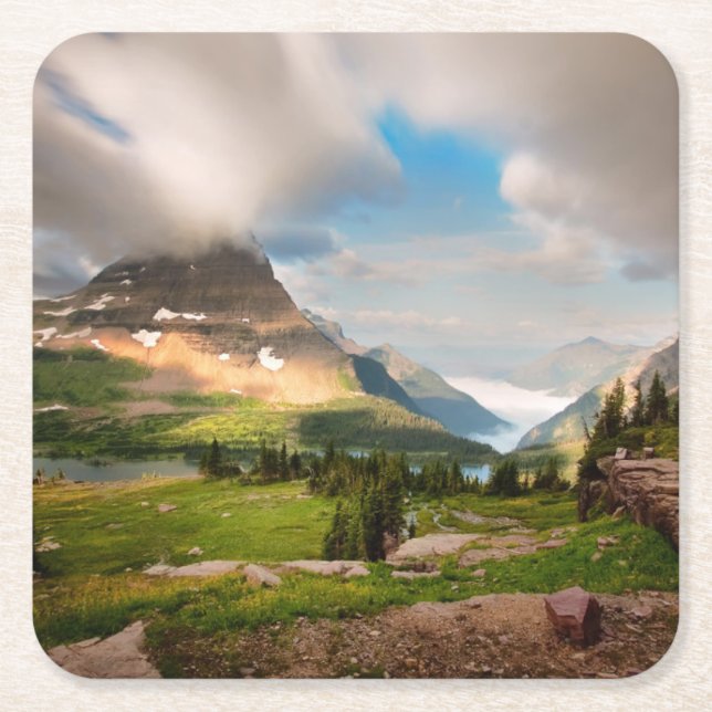 Cloudy Mountains | Alpine Lake Square Paper Coaster (Front)