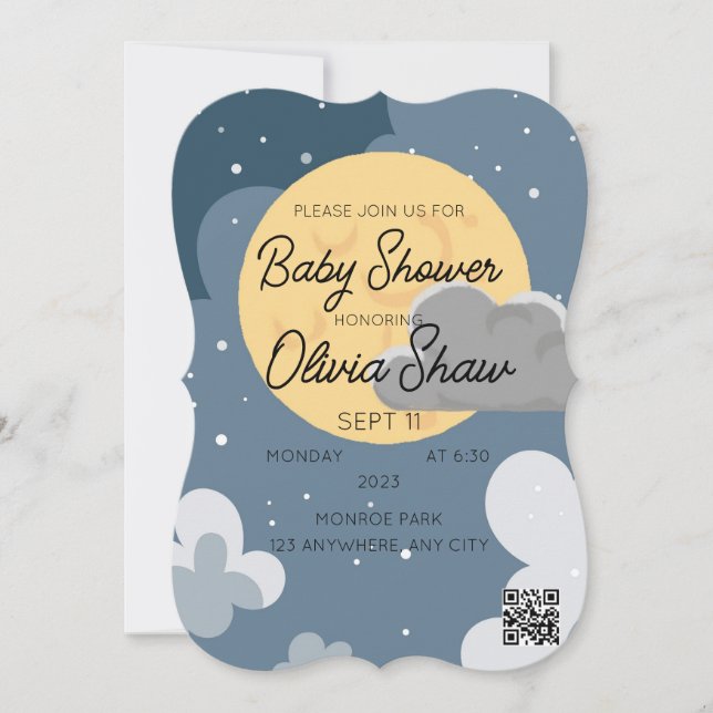 Cloudy Night Sky QR Code Baby Shower Template (Front)