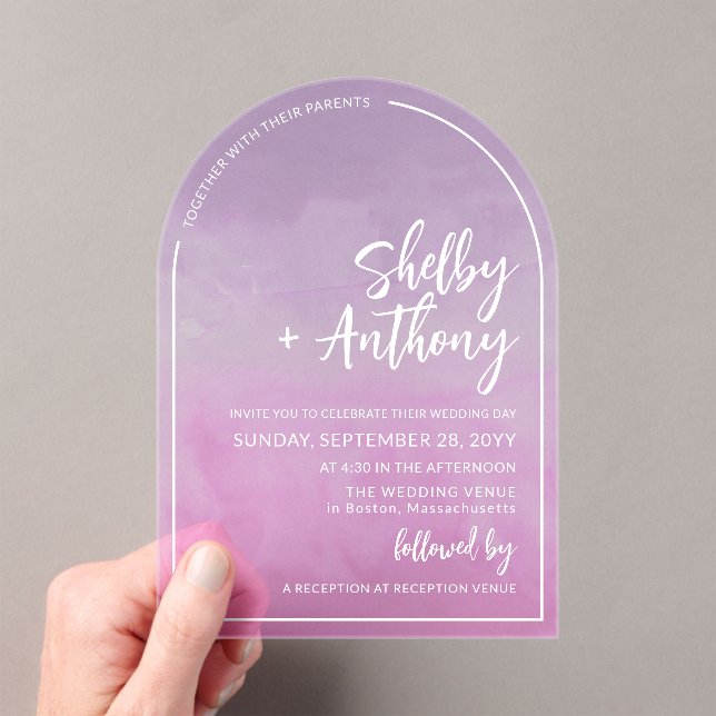 Cloudy Pastel Purple Violet Arch Frame Wedding Acrylic Invitations (Insitu (Handheld))