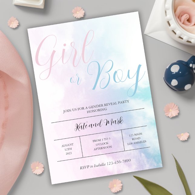 Cloudy Pink Blue Pastel Girl or Boy Gender Reveal Invitation (Creator Uploaded)