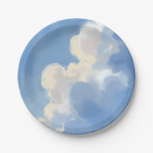Cloudy Skies Blue Watercolor Painting Paper Plate