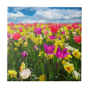 Cloudy Sky Field of Tulip Flowers Ceramic Tile
