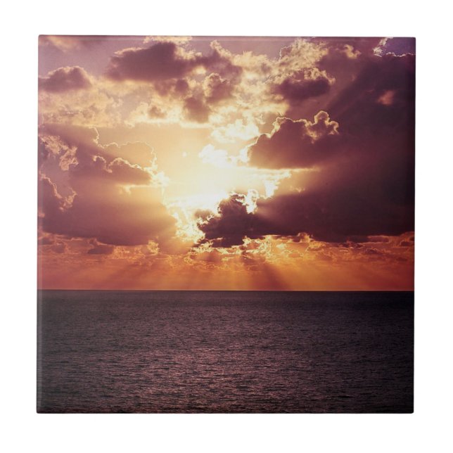 Cloudy Sunset Over Sea Horizon Ceramic Tile (Front)