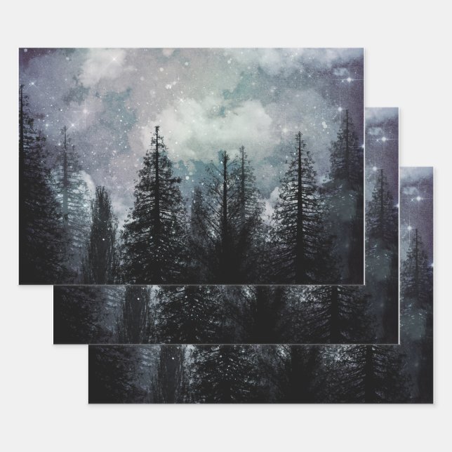 Cloudy Winter Pine Forest Wrapping Paper Sheet (Set)