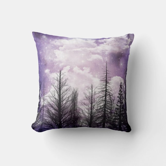 Cloudy Winter Purple Pine Forest Cushion (Front)