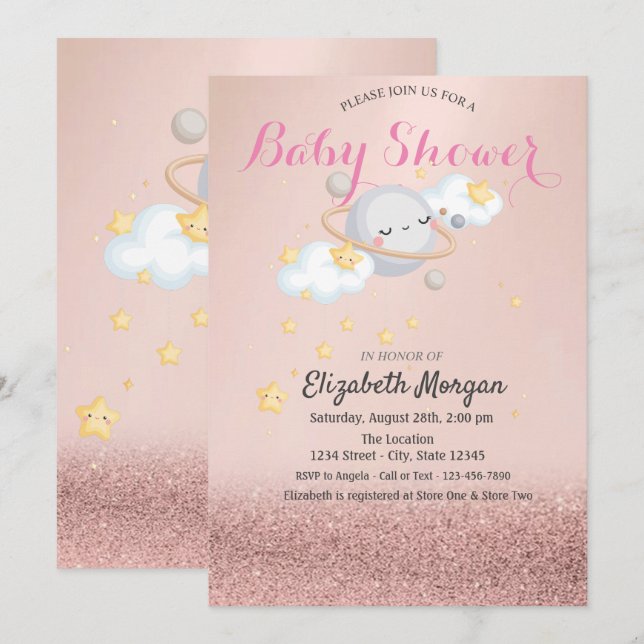 Clous Stars Planet Rose Gold Bokeh Baby Shower  Invitation (Front/Back)