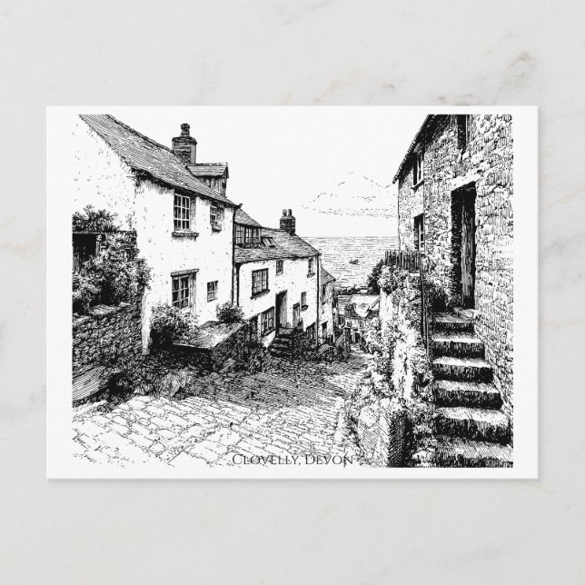 Clovelly Village Sketch, Devon England   Postcard (Front)