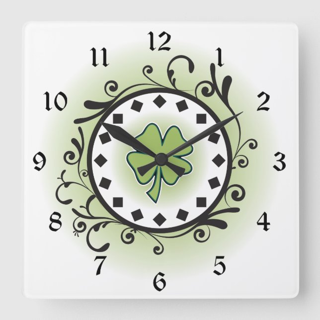 Clover and Vines Green, Black and White Irish Square Wall Clock (Front)