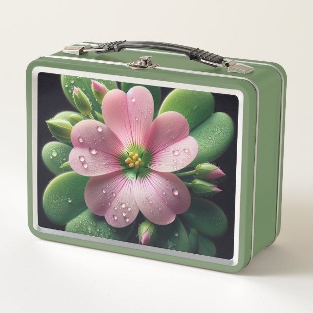Clover Floral Pink and Green Oxalis Metal Lunch Box (Front)