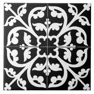 Clover Flower Floral Abstract Black & White Ceramic Tile