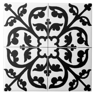 Clover Flower Floral Abstract Black & White Ceramic Tile