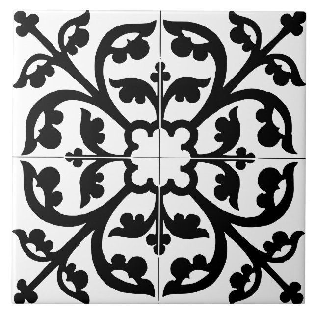 Clover Flower Floral Abstract Black & White Ceramic Tile (Front)